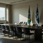 Sala de coletiva vazia com bandeiras brasileiras representando anúncio político para governo