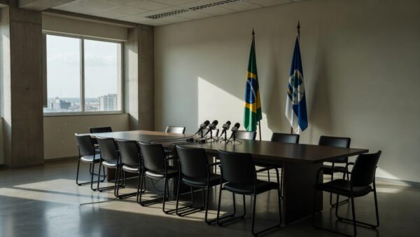 Sala de coletiva vazia com bandeiras brasileiras representando anúncio político para governo
