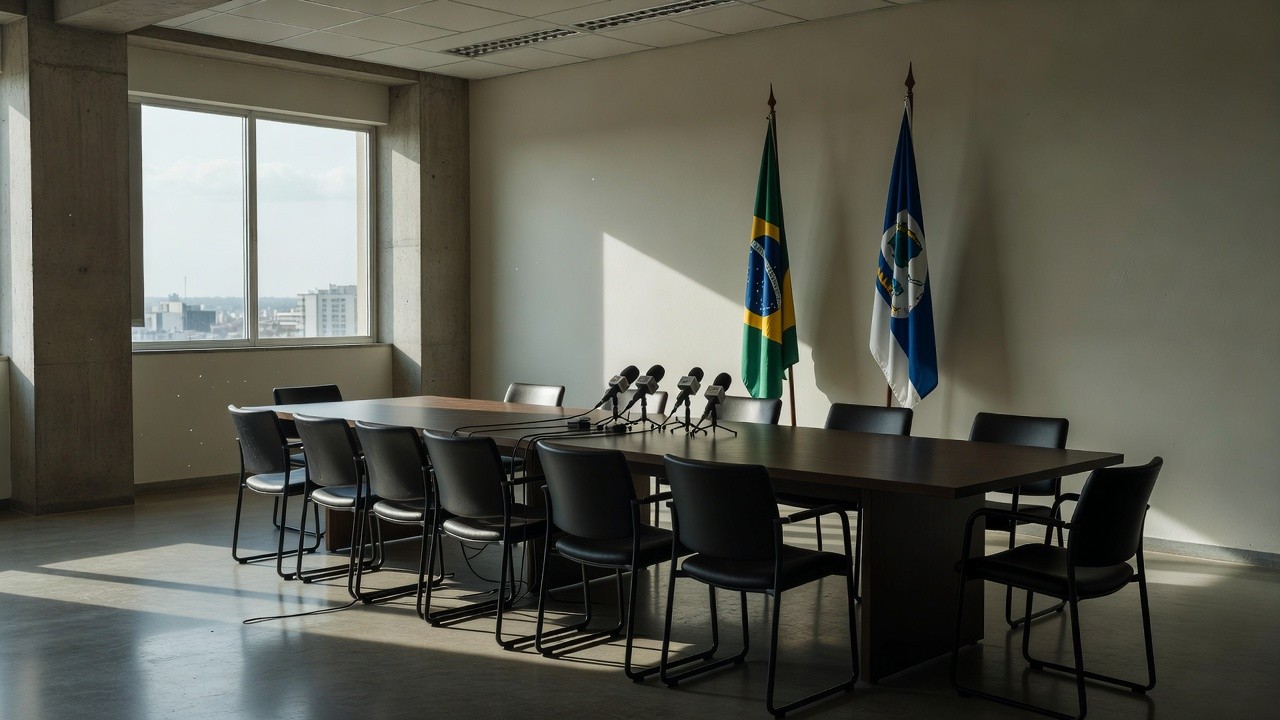 Sala de coletiva vazia com bandeiras brasileiras representando anúncio político para governo