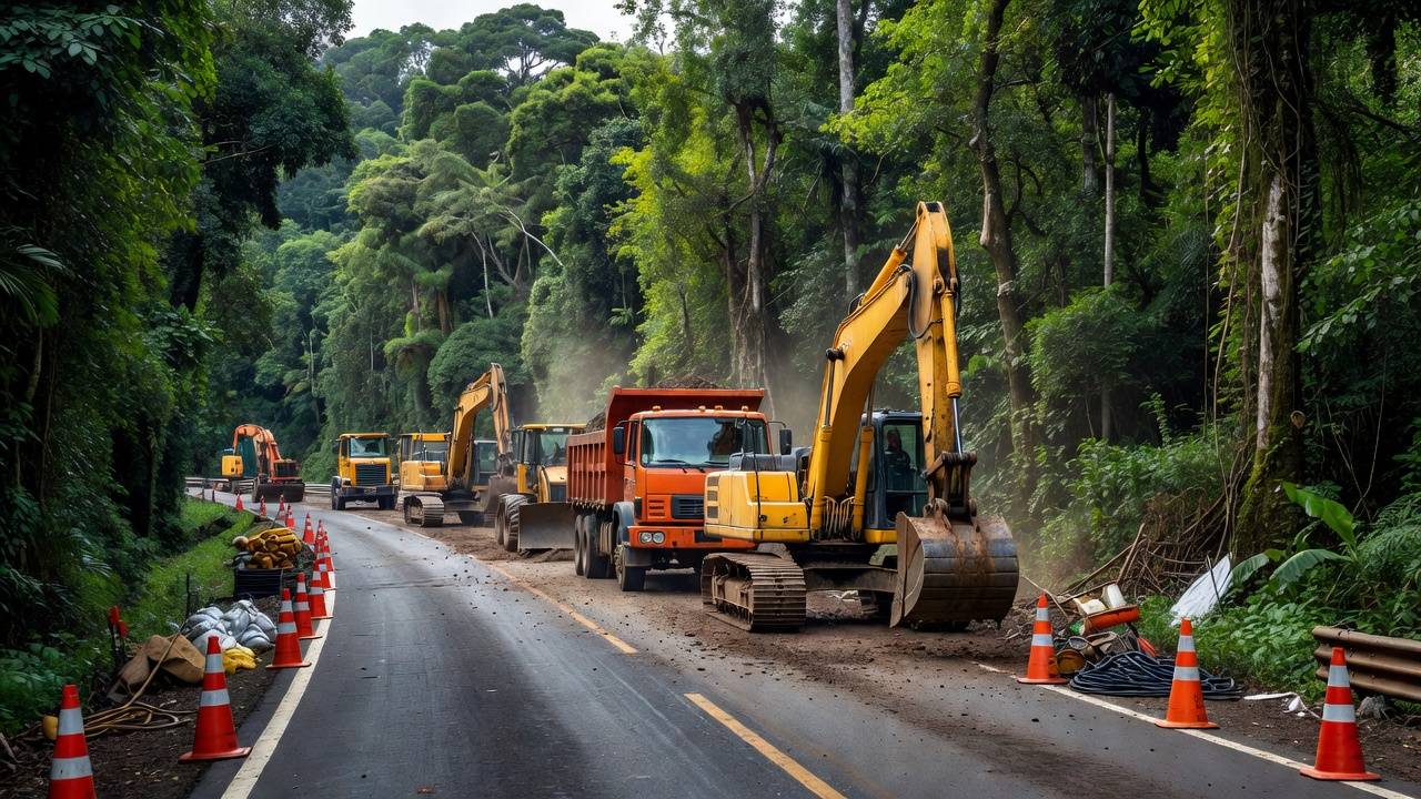 Obras emergenciais na BR-364 em Rondônia com máquinas de construção