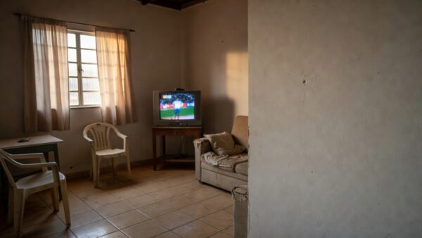 Interior de casa em Porto Velho com TV exibindo jogo do Brasil e marca de bala na parede