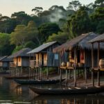 Paisagem ribeirinha do Rio Madeira em Rondônia com casas sobre palafitas e floresta, representando a cultura migratória e indígena