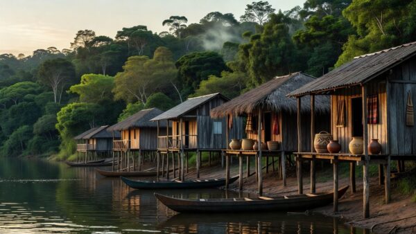 Paisagem ribeirinha do Rio Madeira em Rondônia com casas sobre palafitas e floresta, representando a cultura migratória e indígena