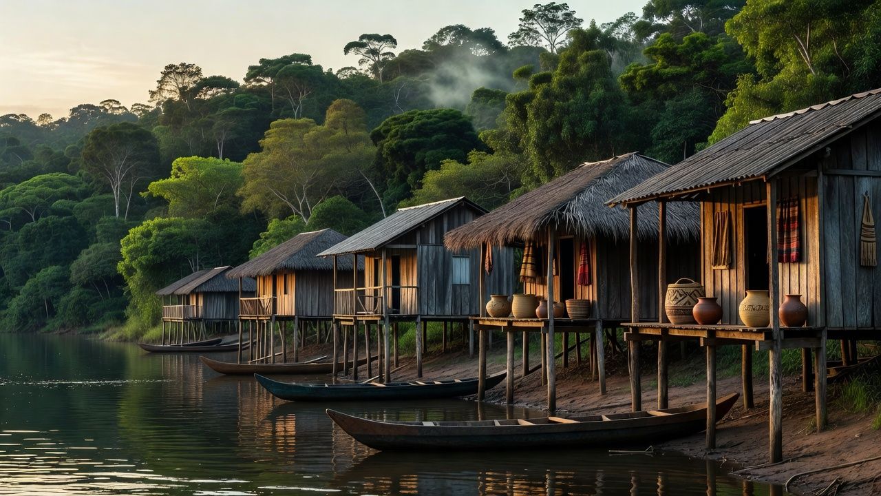 Paisagem ribeirinha do Rio Madeira em Rondônia com casas sobre palafitas e floresta, representando a cultura migratória e indígena
