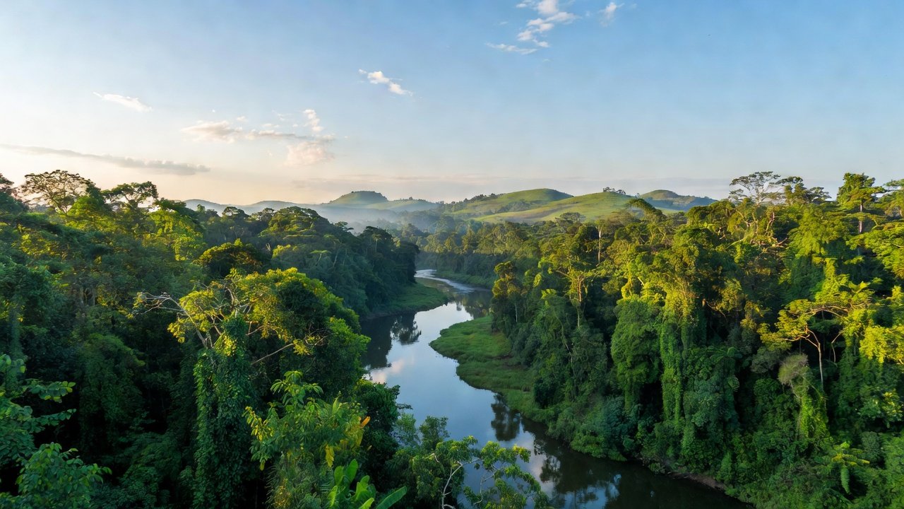 Paisagem amazônica de Rondônia com rio e floresta, destinos de natureza e cultura.
