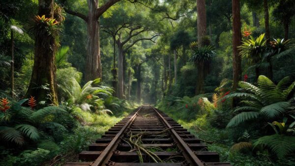 Trilhos da Ferrovia Madeira-Mamoré na floresta amazônica de Rondônia