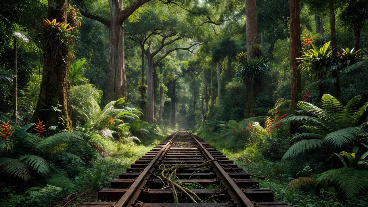 Trilhos da Ferrovia Madeira-Mamoré na floresta amazônica de Rondônia