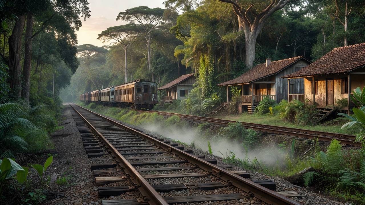 Trilhos da ferrovia Madeira-Mamoré em Porto Velho, origem da cidade na Amazônia.