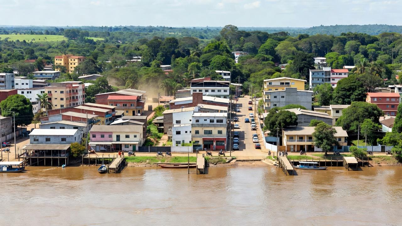 Vista panorâmica de Porto Velho, principal entrada para Rondônia, com Rio Madeira e Amazônia.
