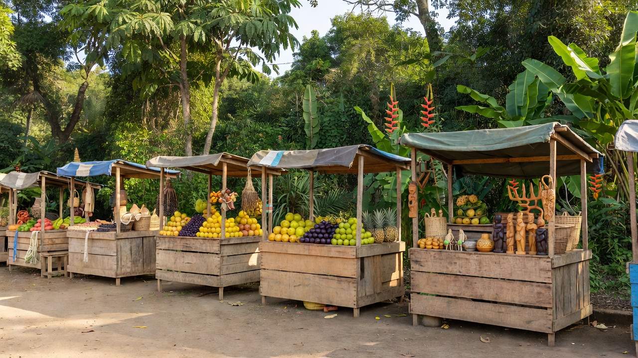 Feira de comércio em Rondônia com barracas de produtos locais e oportunidades de emprego