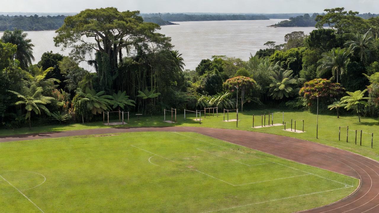 Área esportiva em Porto Velho com campos e vegetação amazônica
