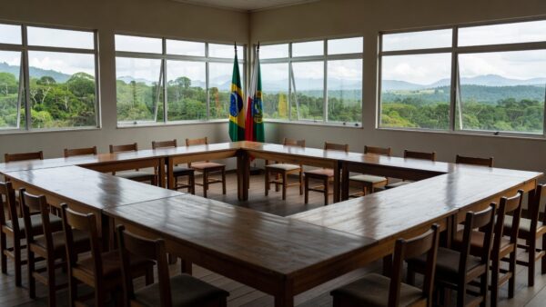 Sala de reuniões na câmara municipal de Buritis, Rondônia, representando encontro de lideranças