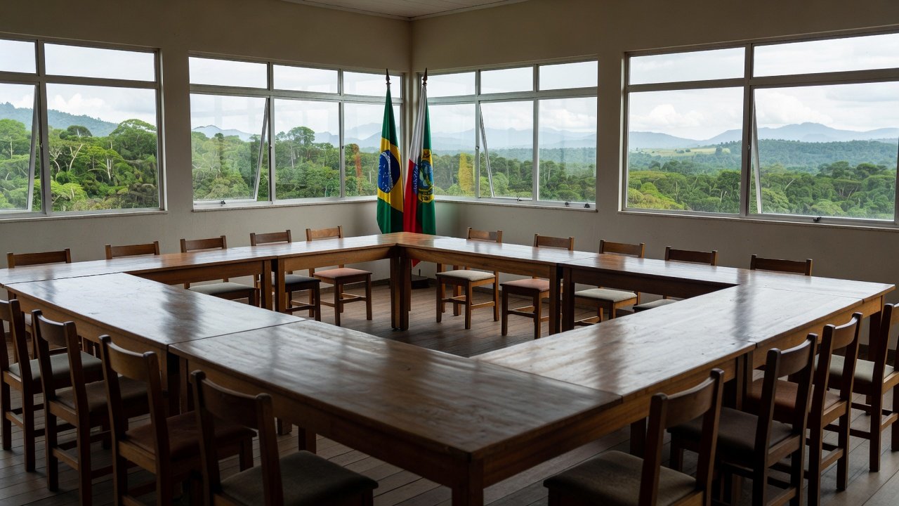 Sala de reuniões na câmara municipal de Buritis, Rondônia, representando encontro de lideranças