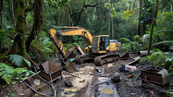 Escavadeira destruída em operação contra garimpo ilegal na Terra Indígena Sete de Setembro