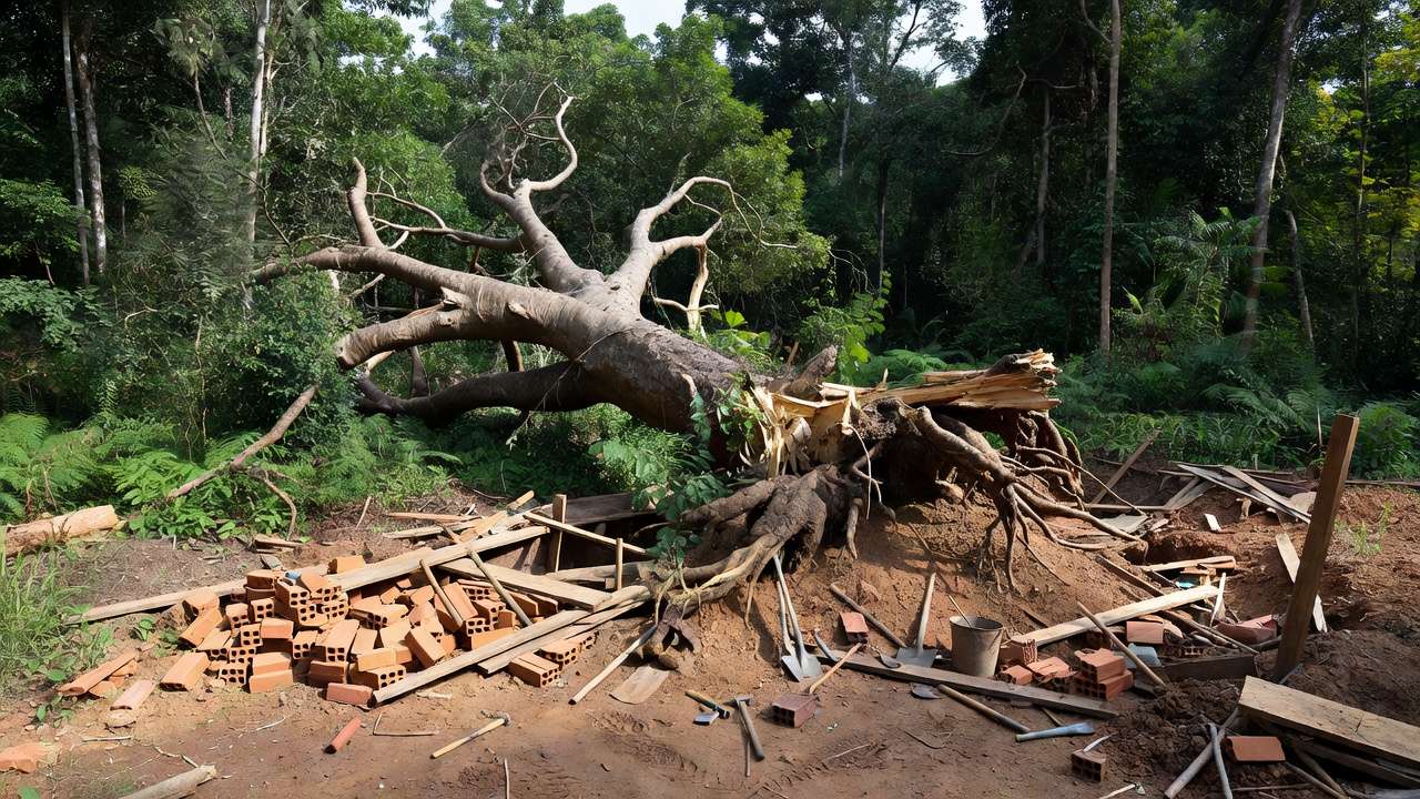 Árvore caída em canteiro de obras em Colorado do Oeste, Rondônia