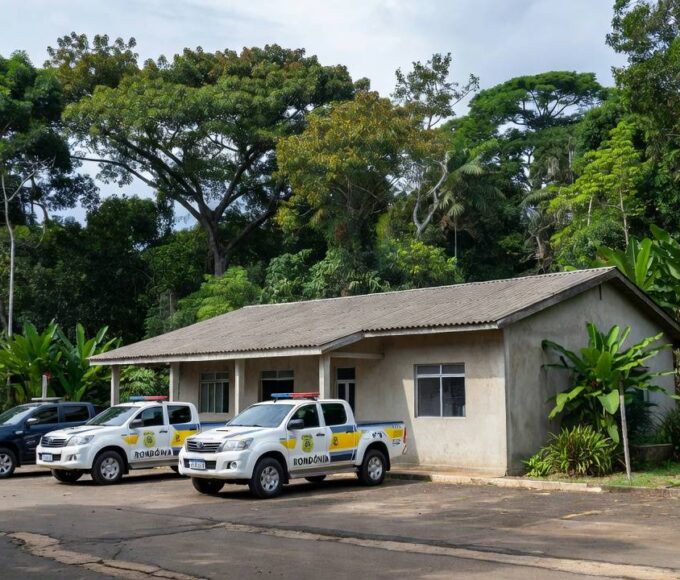 Unidade de segurança pública em Rondônia com viaturas e vegetação amazônica