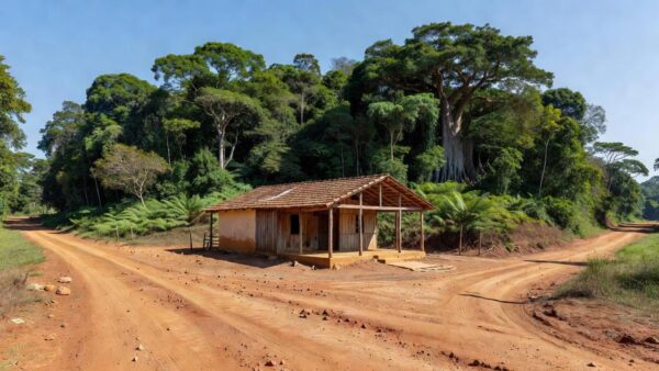 Vista de município em Rondônia com prédio público e vegetação amazônica