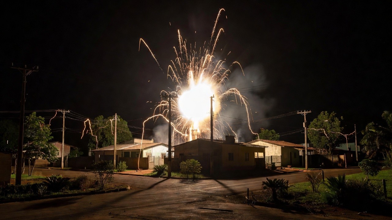 Explosão em transformador ilumina bairro Beira Rio em Pimenta Bueno à noite