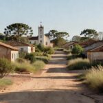 Vista de município no Cone Sul com igreja representando visita pastoral para mapear demandas