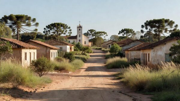 Vista de município no Cone Sul com igreja representando visita pastoral para mapear demandas