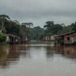 Área alagada em Porto Velho após enchentes, com casas submersas no rio Madeira.