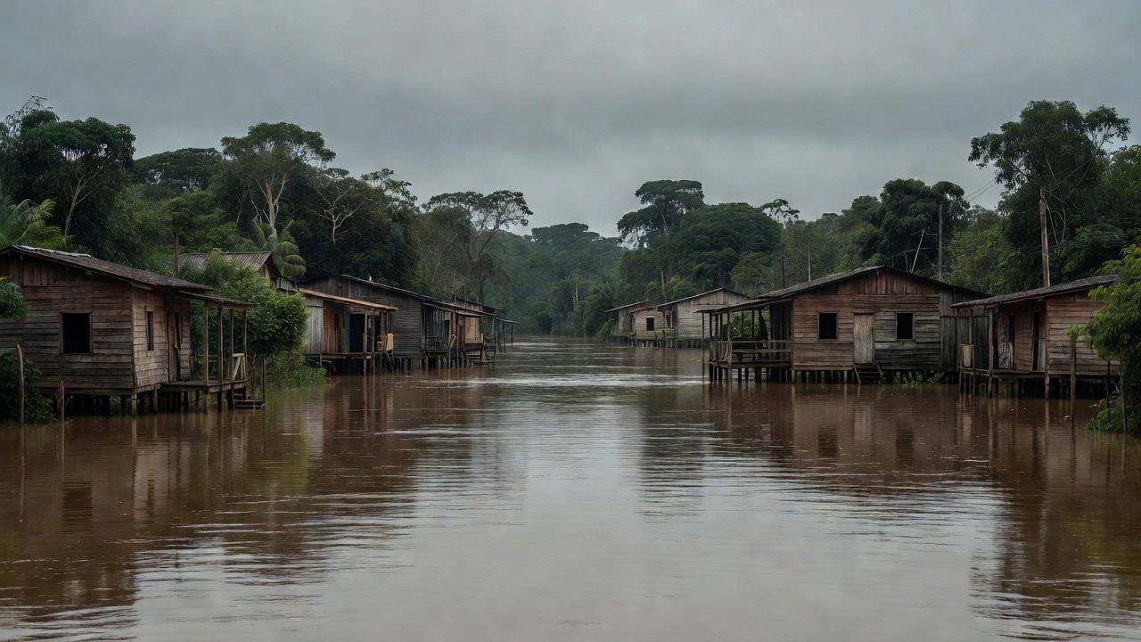 Área alagada em Porto Velho após enchentes, com casas submersas no rio Madeira.