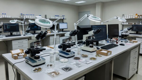 Laboratório forense da Politec com equipamentos para produção de provas técnicas