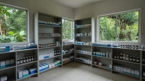 Prateleiras com caixas de medicamentos em posto de saúde de Guajará-Mirim