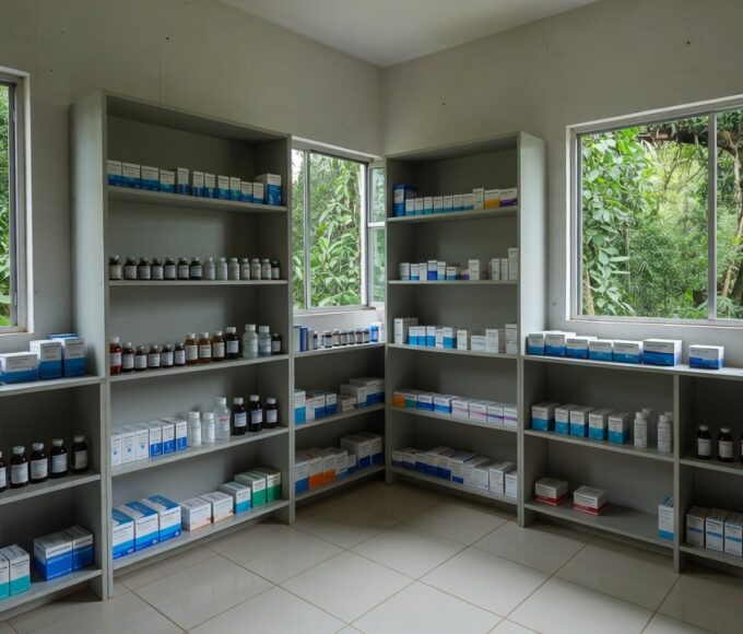 Prateleiras com caixas de medicamentos em posto de saúde de Guajará-Mirim