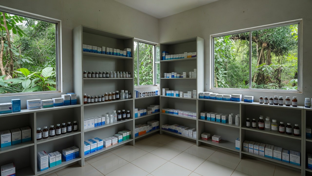 Prateleiras com caixas de medicamentos em posto de saúde de Guajará-Mirim