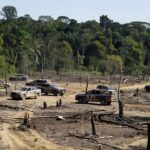 Viaturas da Polícia Civil em operação contra grilagem e desmatamento em Rondônia