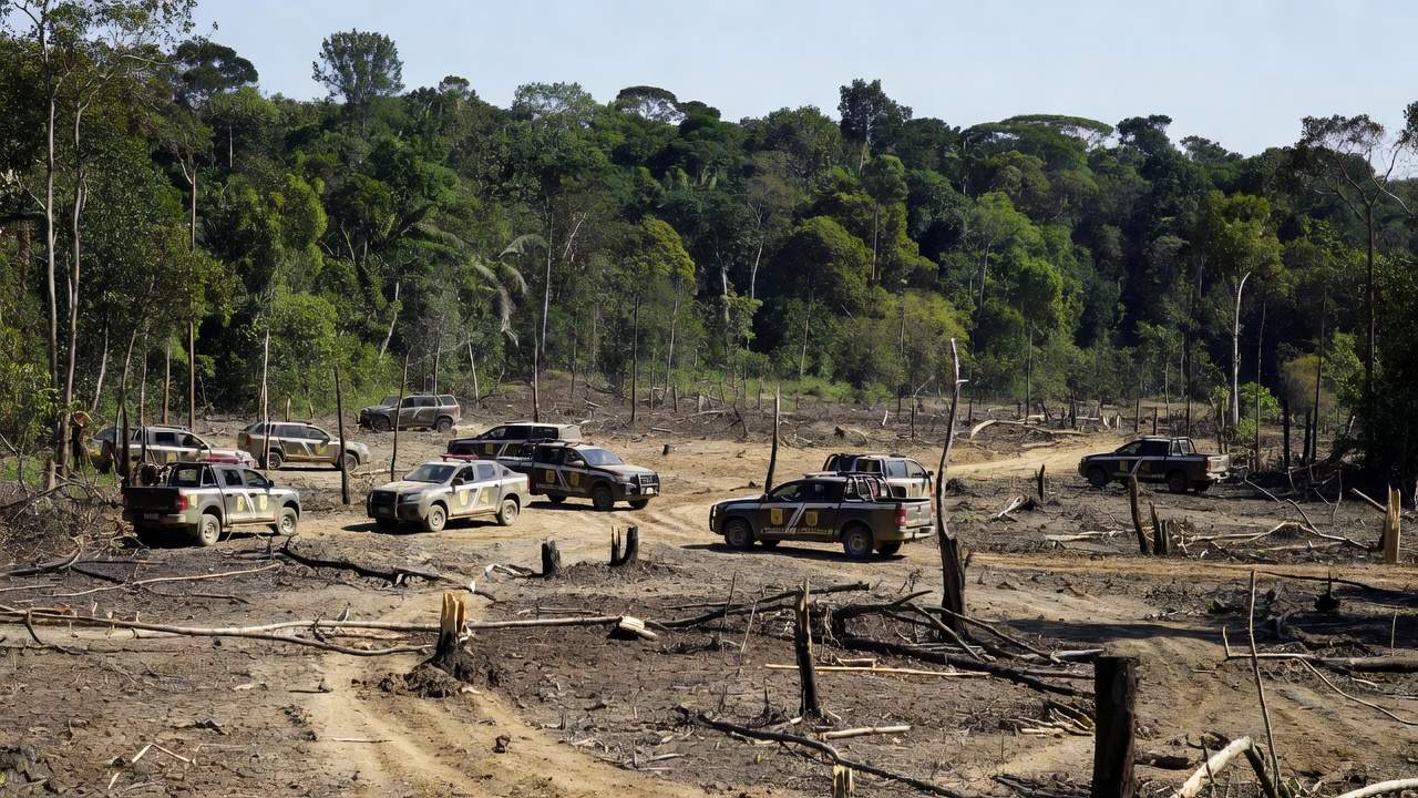 Viaturas da Polícia Civil em operação contra grilagem e desmatamento em Rondônia