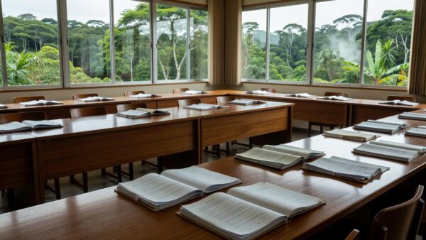 Sala de reuniões técnica no TCE-RO com documentos sobre contas do Estado de Rondônia