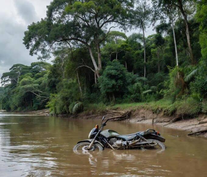 Motocicleta submersa em rio após acidente em Alta Floresta D'Oeste