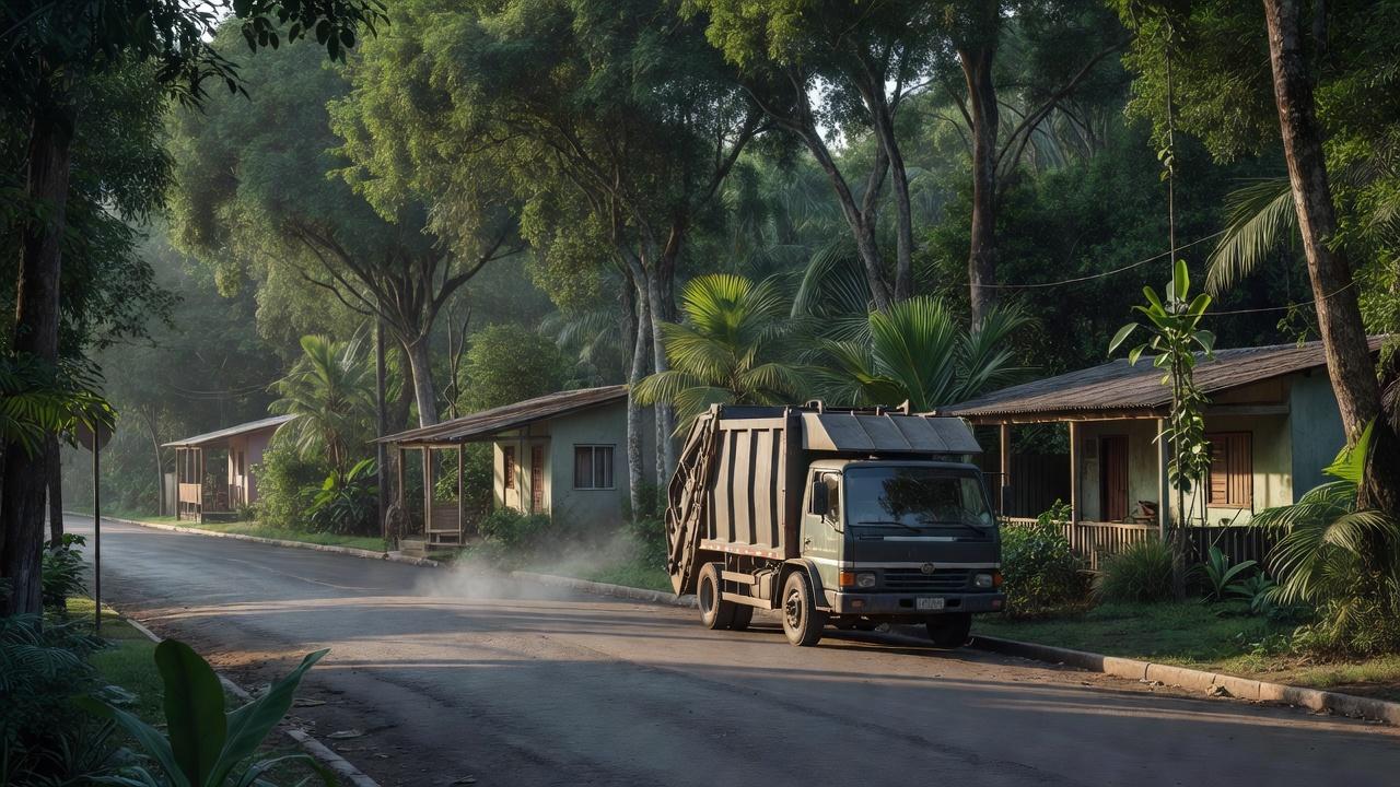 Caminhão de coleta de lixo em bairro residencial de Porto Velho