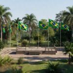 Praça em Vilhena com bandeiras do Brasil para evento político no Senado