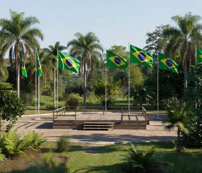 Praça em Vilhena com bandeiras do Brasil para evento político no Senado