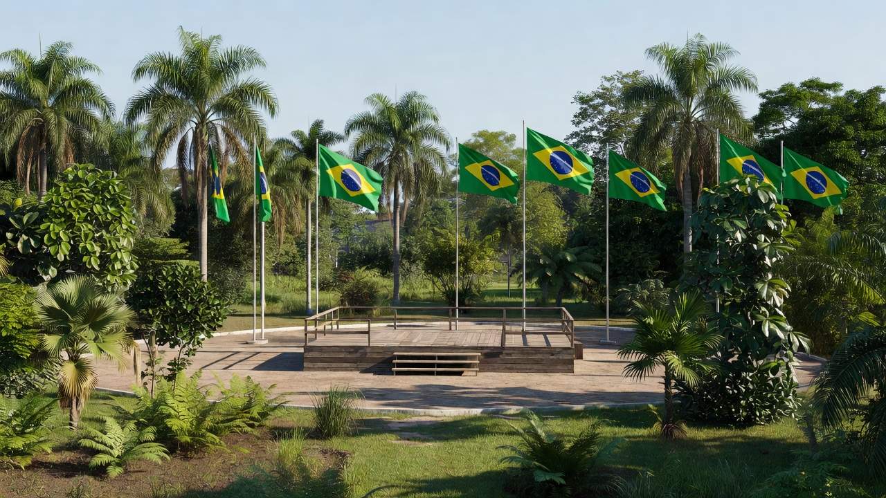 Praça em Vilhena com bandeiras do Brasil para evento político no Senado