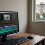 Tela de computador com software de edição de vídeo em escritório brasileiro