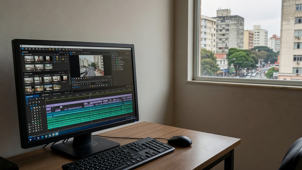 Tela de computador com software de edição de vídeo em escritório brasileiro