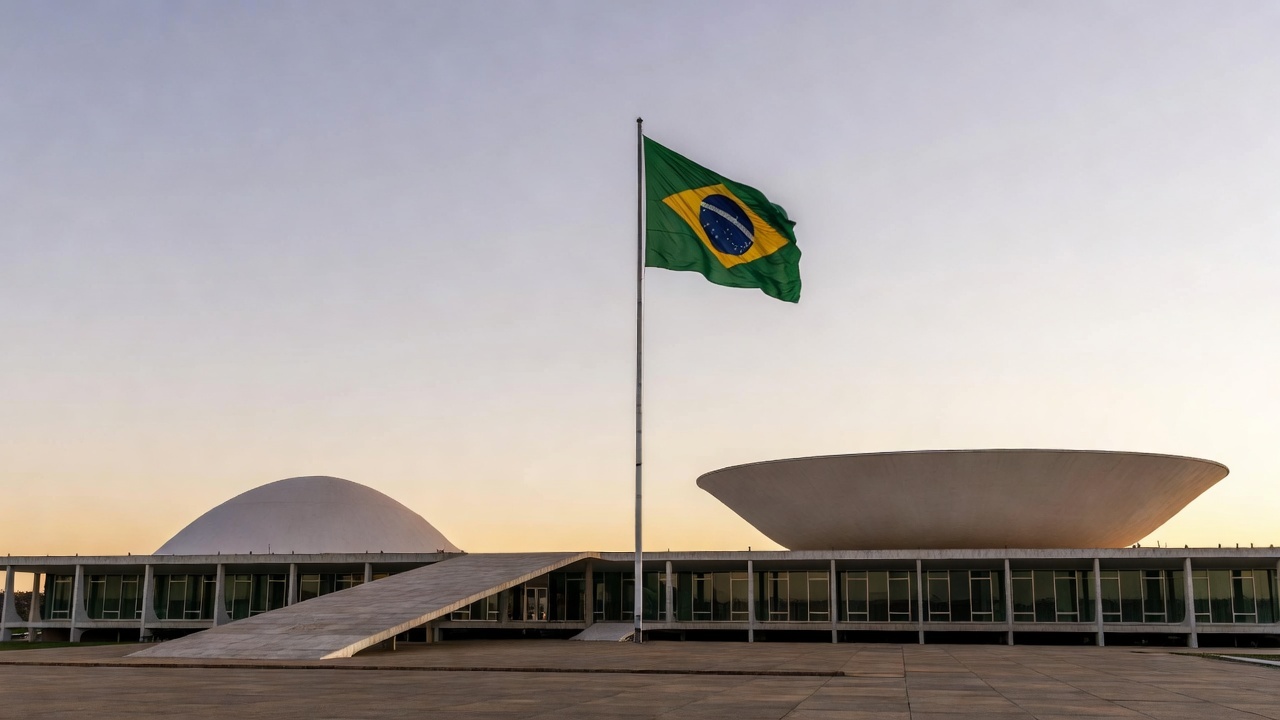 Fachada do Senado Federal em Brasília com bandeira do Brasil