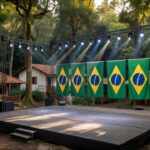 Palco de evento político do PL em Rondônia com bandeiras do Brasil