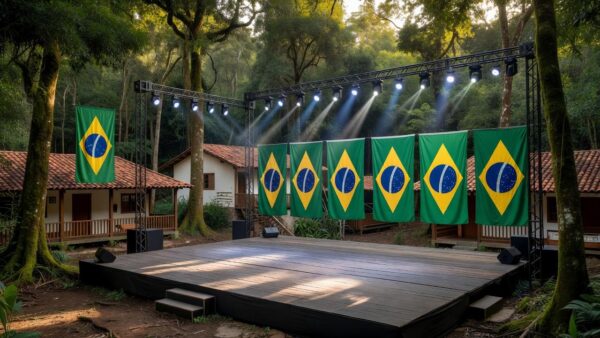 Palco de evento político do PL em Rondônia com bandeiras do Brasil