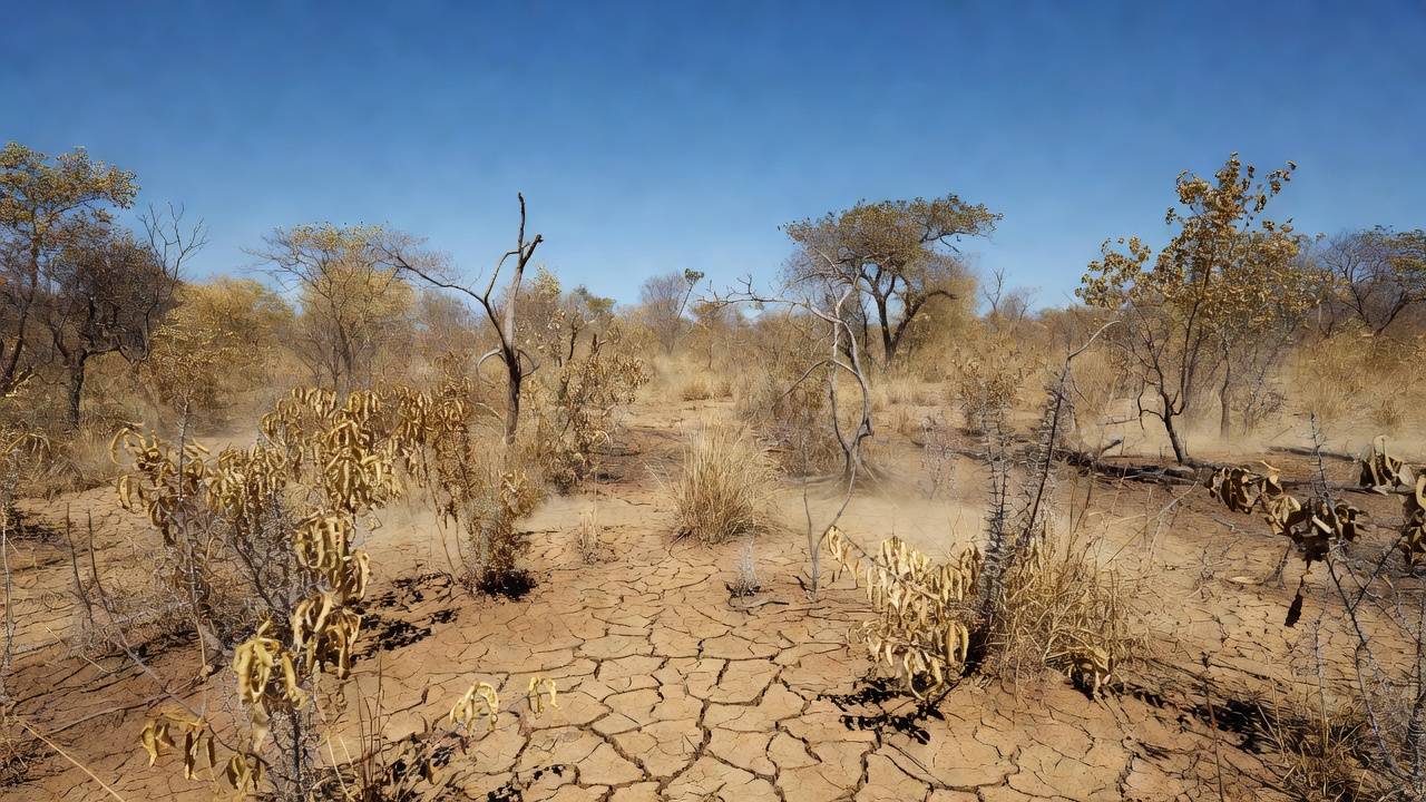 Paisagem seca em Rondônia com calor intenso e céu sem nuvens