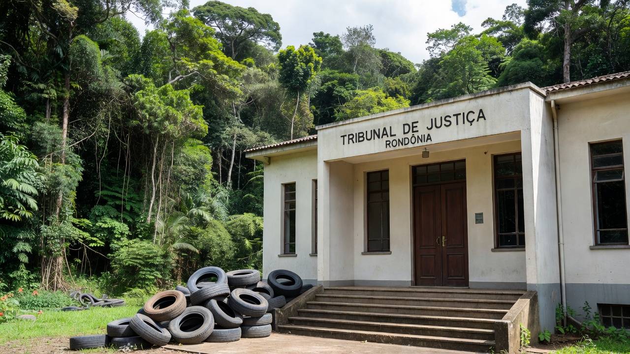 Prédio do Tribunal de Justiça em Rondônia com pneus, caso de peculato absolvido em Candeias do Jamari