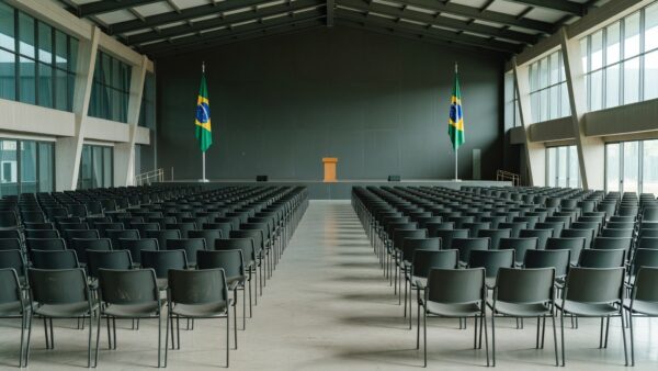 Auditório vazio preparado para convenção política estadual no Brasil