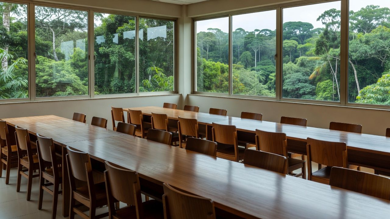 Sala de reuniões técnica com documentos e mapas sobre desafios de Rondônia