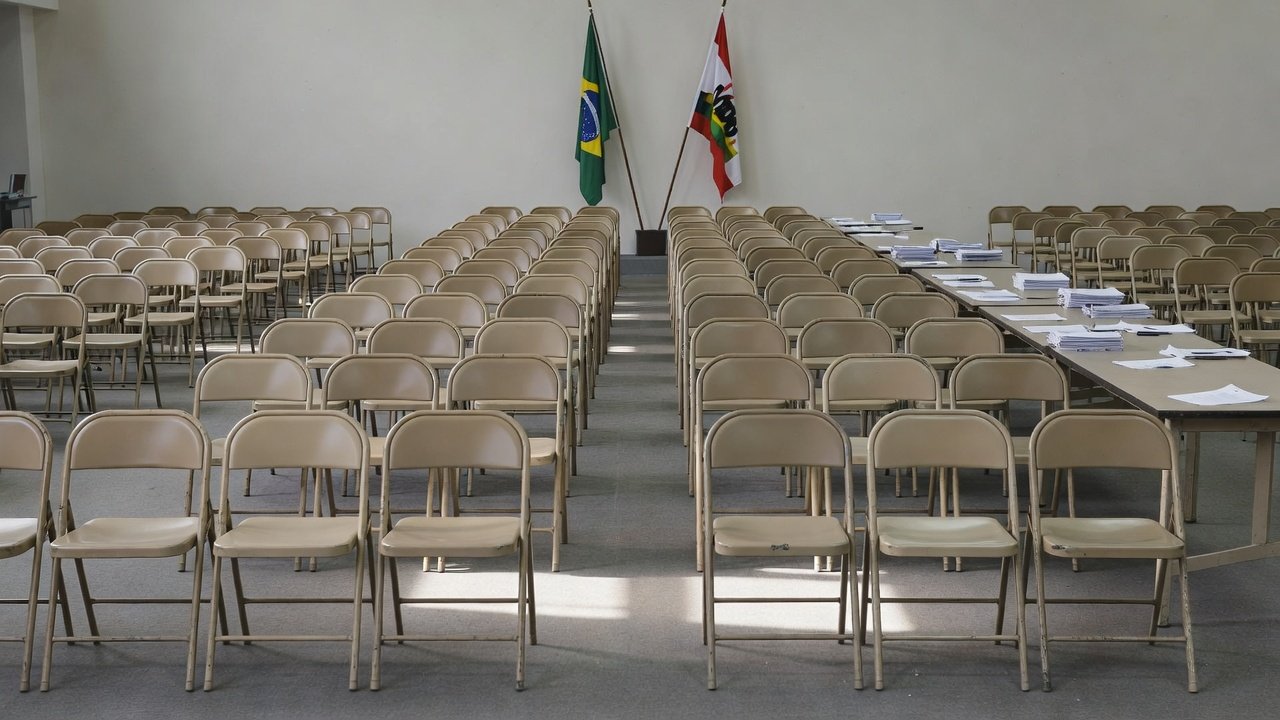 Sala de convenção do MDB com bandeiras para aprovação de candidatos 2026