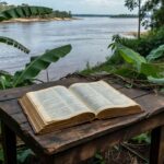 Dicionário aberto em mesa de madeira com cenário amazônico de Porto Velho