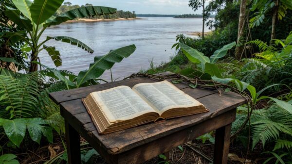 Dicionário aberto em mesa de madeira com cenário amazônico de Porto Velho